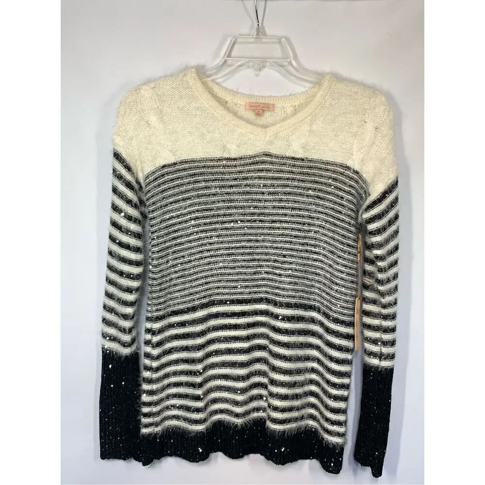 Box 001 Gibson Latimer Women's Striped Sequin Knit Sweater Black White Size Medi